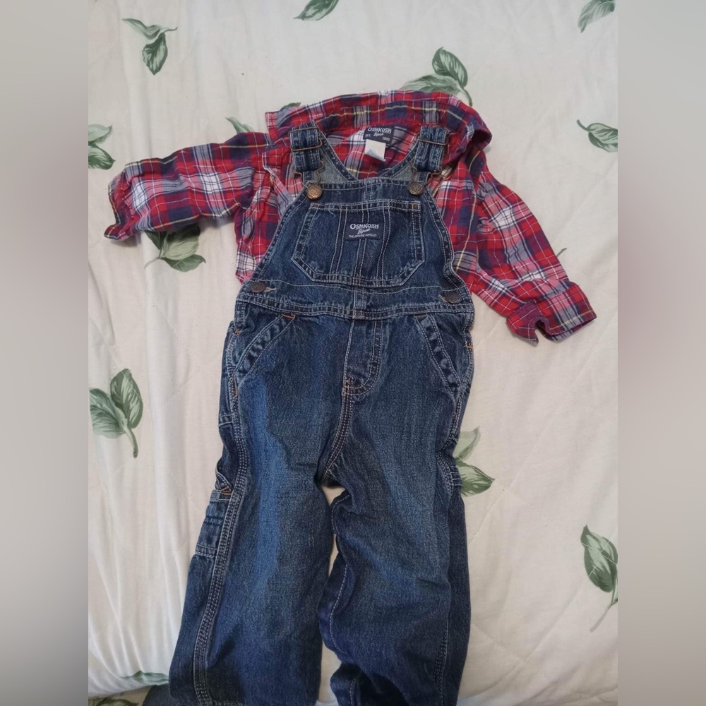 Boys flannel and overalls outfit